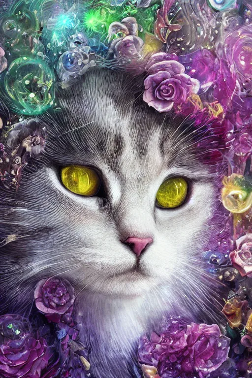 Image similar to elaborately detailed close up portrait of an extremely beautiful cat with very long white fur surrounded by flowers, an eerie mist and many ethereal rainbow bubbles, Art Noveau, Aetherpunk, atmospheric lightning, dreamscape maximized, high fantasy professionally painted digital art painting, smooth, sharp focus, highly detailed illustration highlights, backlight, golden ratio, 8K detail post-processing, symmetrical features, rich deep moody colors, dark epic fantasy, award winning picture, featured on DeviantArt, trending on cgsociety