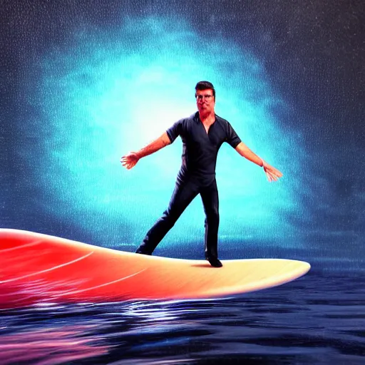 Prompt: photorealistic simon cowell surfing. hyperdetailed photorealism, 1 0 8 megapixels, amazing depth, high resolution, 3 d shading, 3 d finalrender, 3 d cinematic lighting, glowing rich colors, psychedelic overtones, artstation concept art.