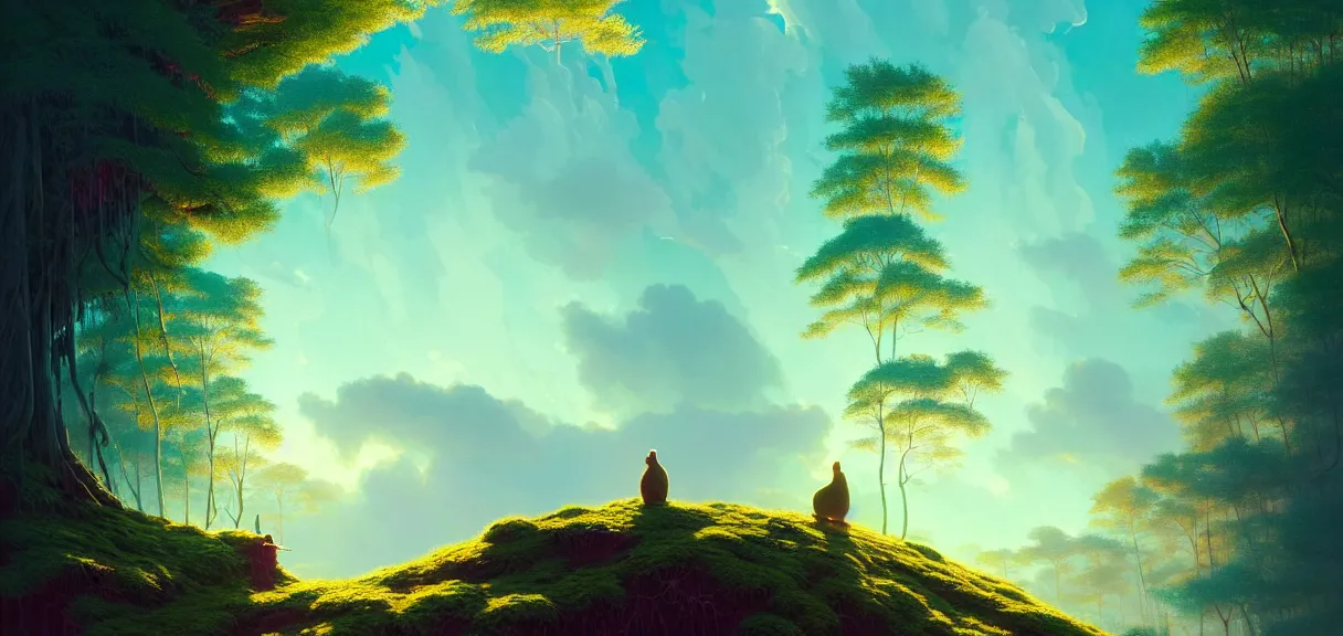 Prompt: post - minimalism portrait of a detect woodland, bird's eye view, giant walrus unraveling iridescent clouds, vibrant cyan color scheme, highly detailed, in the style of romanticism, cinematic, artstation, moebius, greg rutkowski