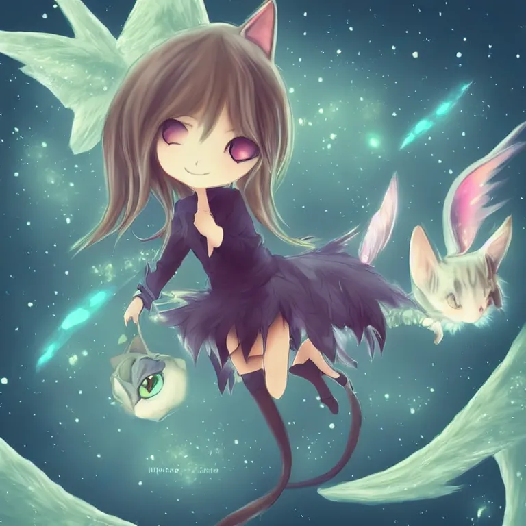 Image similar to cute, full body, female, anime style, a cat girl with fairy wings patting a small dragon, large eyes, beautiful lighting, sharp focus, simple background, creative, heart effects, filters applied, illustration