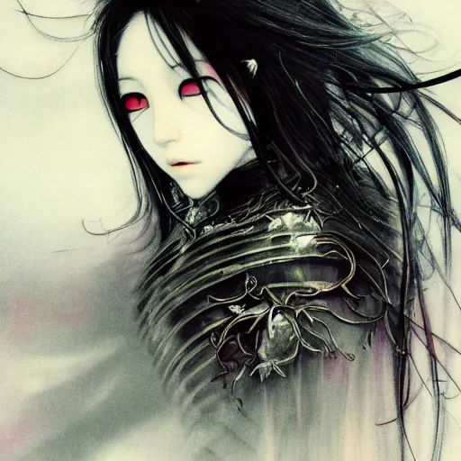 Prompt: Yoshitaka Amano blurred and dreamy illustration of an anime girl with black iris of the eye, long wavy black hair fluttering in the wind and cracks on her face wearing Elden ring armour with the cape, abstract black and white patterns on the background, noisy film grain effect, highly detailed, Renaissance oil painting, weird portrait angle
