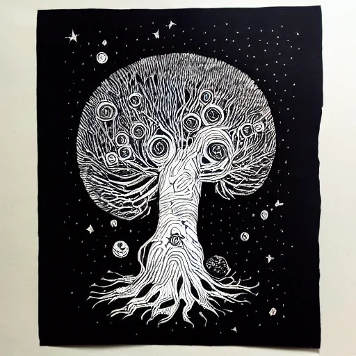 Image similar to black and white ink doodle illustration of an ancient tree floating in outer space, overgrown with funghi, style by peter deligdisch, peterdraws