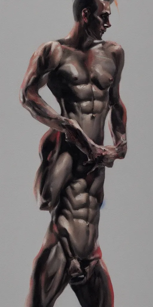 Image similar to closeup, very few thick long paint brush strokes, outline suggesting the physique of one!!! very thin athletic man posing dramatically, closeup, matte colors, dark background, abstract painting trending on artstation
