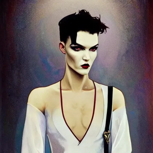 Image similar to stunning portrait of androgynous ruby rose as desire from sandman in a white tuxedo!!!, rockabilly style, by frank moth, by alphonse mucha, by jeremy mann, by peter lindbergh, dave mckean, white suit and black tie, soft lightning, high detailed, 8 k