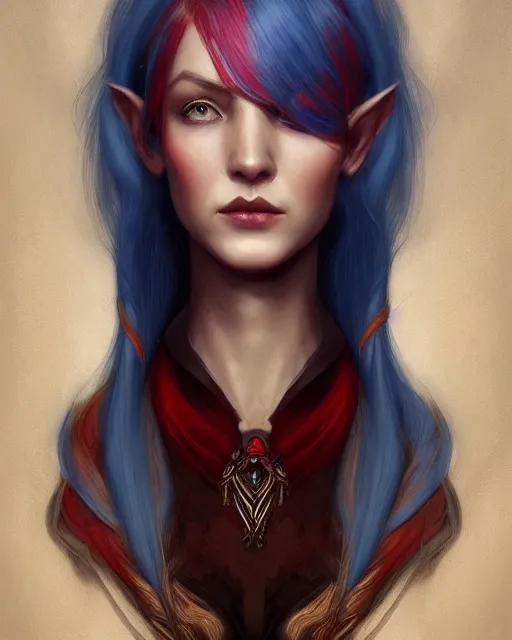 Prompt: A detailed matte oil on canvas head on symmetrical portrait of a distinguished elven woman with split red and blue hair on an empty background, by Charlie bowater, Wlop, trending on artstationhd, dungeons and dragons art, half & half hair, split dye, critical role