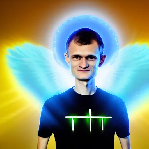 Image similar to vitalik buterin displayed as jesus, halo above his head and angel wings. neon glow around him. colors blue and yellow