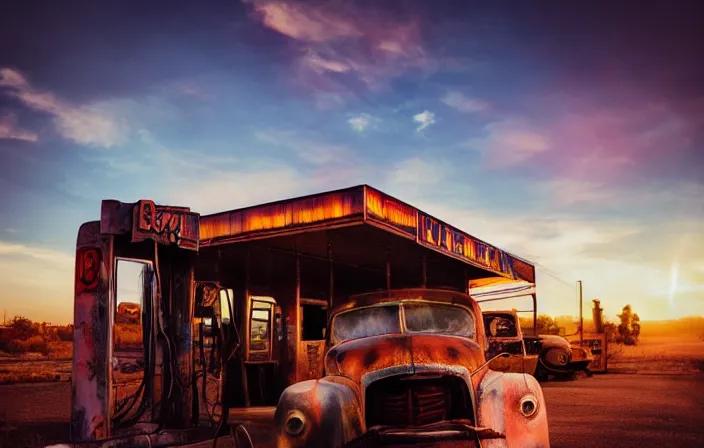 Image similar to a sunset light landscape with historical route 6 6, lots of sparkling details and sun ray ’ s, blinding backlight, smoke, volumetric lighting, colorful, octane, 3 5 mm, abandoned gas station, old rusty pickup - truck, beautiful epic colored reflections, very colorful heavenly, softlight