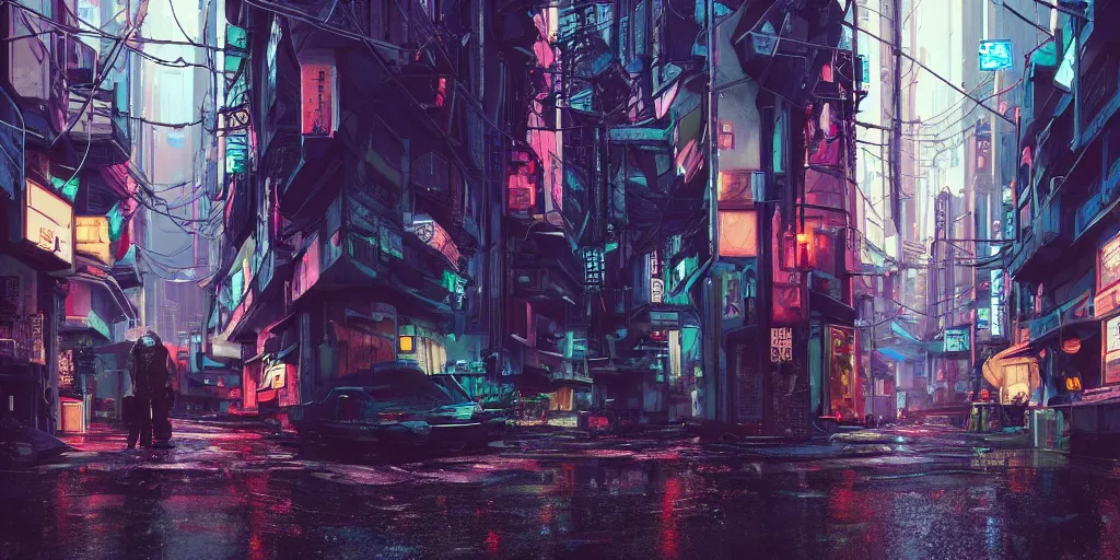 Image similar to Cyberpunk back alley with a futuristic car in the foreground on a rainy day in Japan, low angle view, detailed matte painting, cinematic, Simon Stalenhag, Artstation