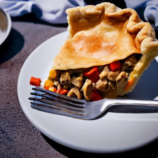 Image similar to a set of false teeth eating a pot pie, hyper realistic, photography, 3 5 mm