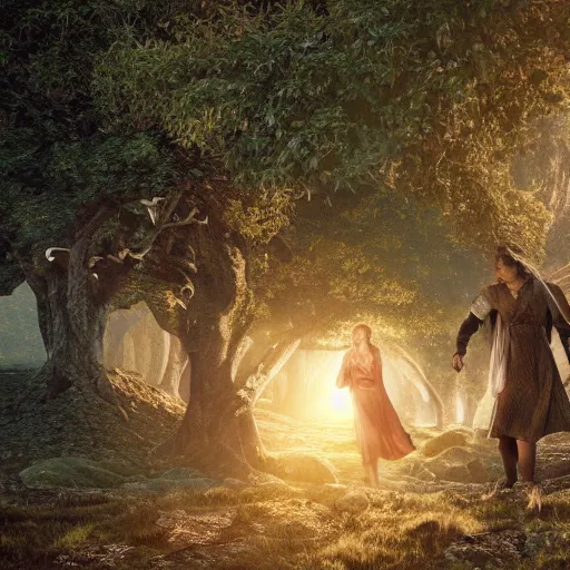 Image similar to frodo & sam & yavanna under tree in valinor lord of the rings, movie still, 4 k, octane render