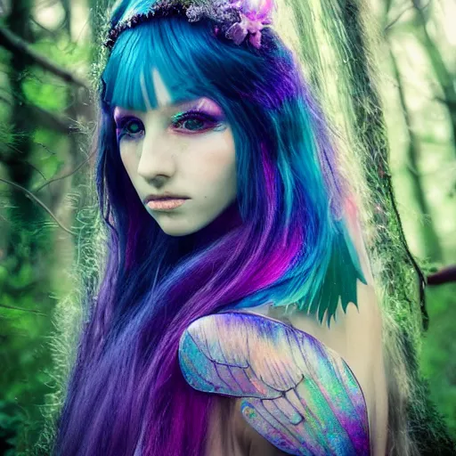 Prompt: portrait by bella kotak, beautiful fairy, rainbow translucent fairy wings, a forest clearing in the background, purple eyes, luminescent colors, otherworldly, high fantasy art, soft glow, iridescent colors, ethereal aesthetic, fashion photography, intricate design, fae elements, detailed shiny blue hair, whimsical, atmospheric,