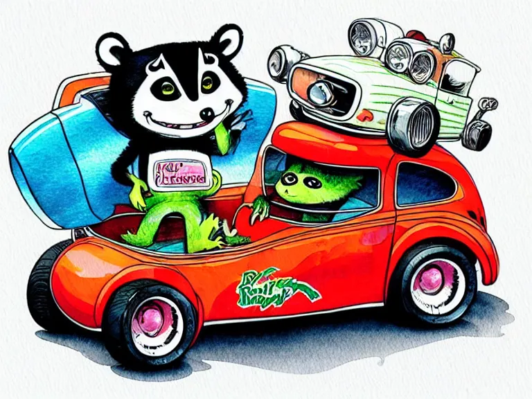 Image similar to cute and funny, racoon riding in a tiny hot rod coupe with oversized engine, ratfink style by ed roth, centered award winning watercolor pen illustration, isometric illustration by chihiro iwasaki, edited by range murata