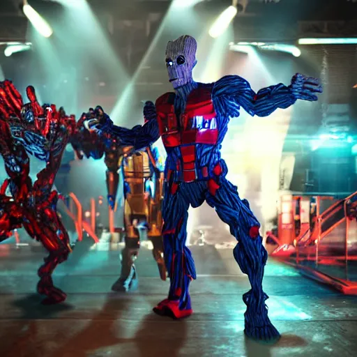 Image similar to groot and optimus prime dancing at techno party among people, wide shoot, after effect ultra realistic 3 d