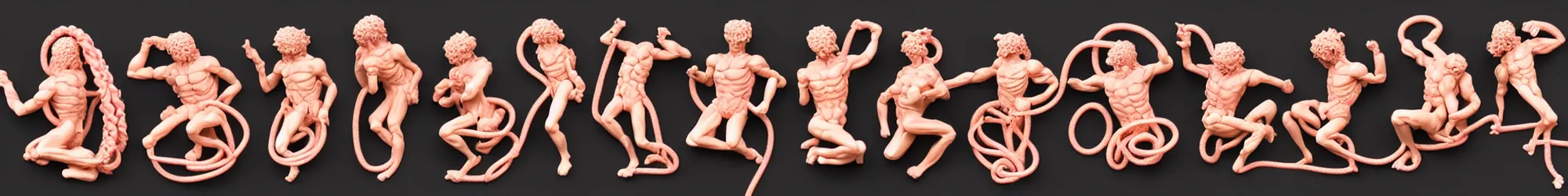 Image similar to long line-up of pink powdered laocoon and his sons struggling with twisted golden wire, intertwined full body view, plastic injection mold toys, product photography, black background