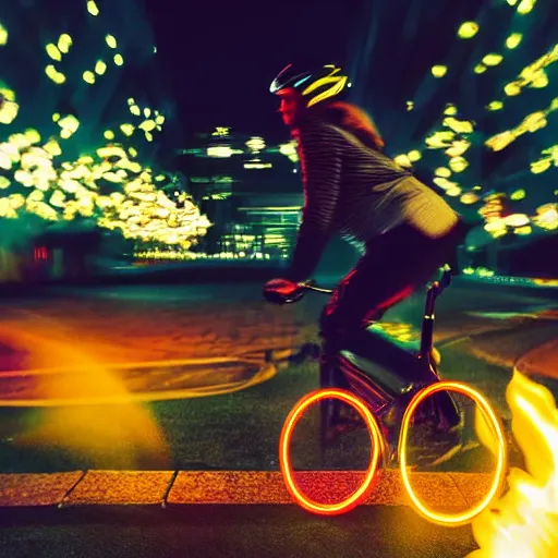 Prompt: a person on a high-tech glowing bicycle with LED lights and a rocket engine, flames and fire shooting out the back, light trails and motion blur, bokeh, night, street, stylized photo