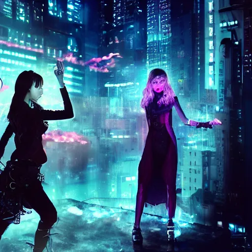 Prompt: a girl like (yoona, Elle Fanning), casting fire spell, background cyberpunk city, full shot, photo, volumetric lighting, epic composition, intricate details, dark neon punk, by KDA