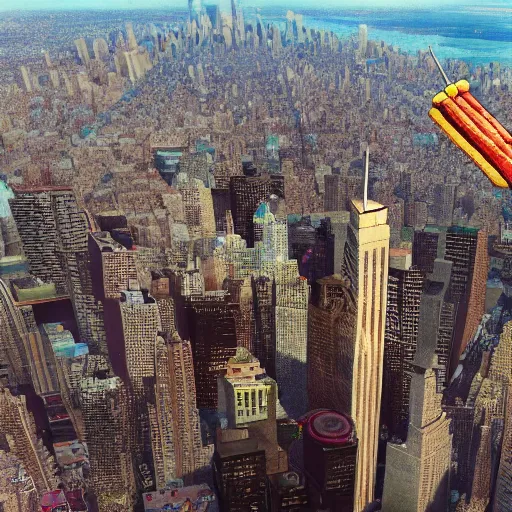 Image similar to A giant kebab falling from the sky over new york city, ultrawide lens, aerial view, 10 mm, by Terry Richardson, behance, unreal engine 5