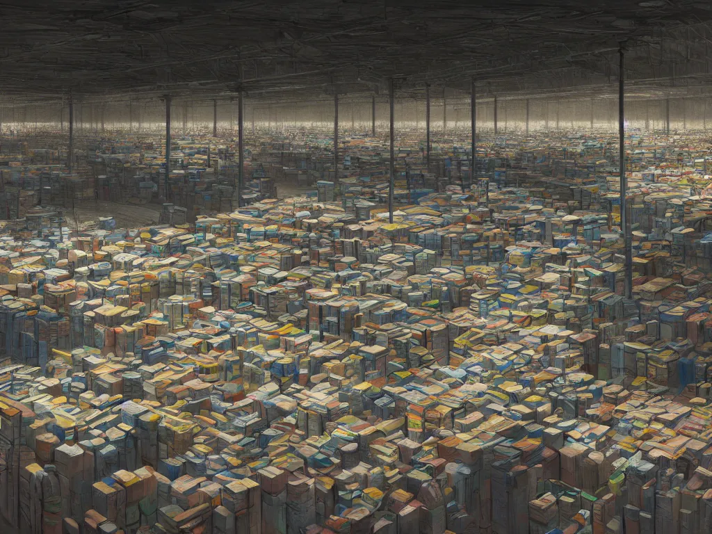 Image similar to a warehouse with huge shelves in which stacks of paper are stored in a painting from stalenhag, 4 k, 8 k, hdr, artstation, concept art