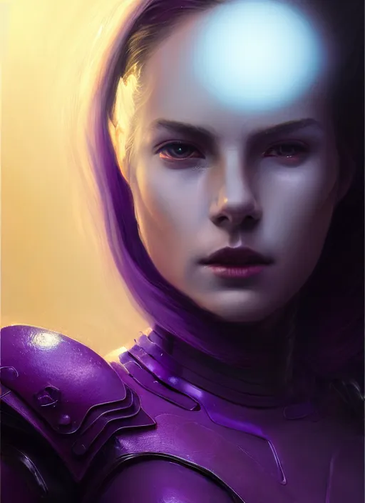 Prompt: top down lighting, close up, stunning portrait of a woman in purple leather sci - fi armor with a long black ponytail, purple eyes, spaceship hallways, intricate, fog, mist, god rays, spotlights, highly detailed, digital painting, artstation, concept art, smooth, sharp focus, illustration, art by wlop, mars ravelo and greg rutkowski