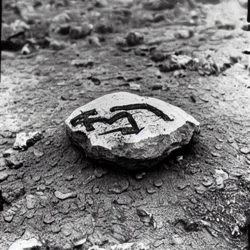 Image similar to An old, creepy, but very detailed photograph found of a suspicious rock near a lava lake with a very difficult equation written on it.