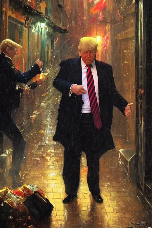 Image similar to donald trump buying drugs from vladimir putin in a dark raining city alley by adrian smith and wlop and vladimir volegov and alexander averin and delphin enjolras