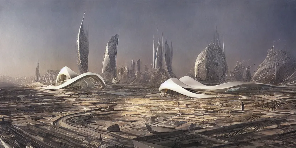 Image similar to a beautiful painting of epic fantasy islamic zaha hadid city by alan lee, trending on artstation