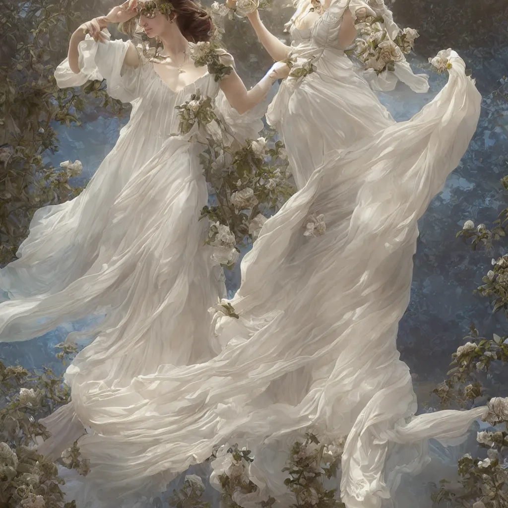 Prompt: one lady dressed in a vaporous wrapped large majestic victorian cream roses silk semi-transparent blue and cream dress fashion is running D&D, fantasy, intricate, elegant, highly detailed, digital painting, artstation, concept art, matte, sharp focus, illustration, art by Artgerm and Greg Rutkowski and Alphonse Mucha