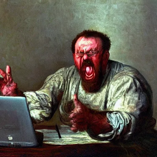 Image similar to an angry man screams at his computer monitor, oil on canvas, 1 8 8 3, highly detailed