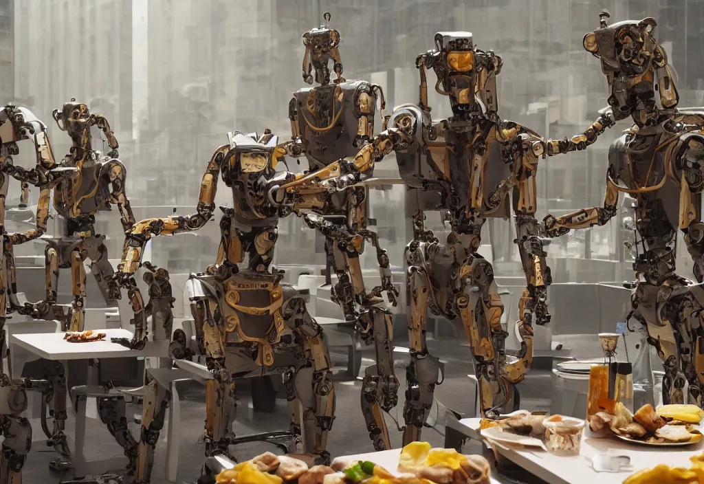 Image similar to accidentally wes anderson award - winning photograph of boston dynamics robots on a lunch break eating breakfast and drinking coffee, epic calm scene, 4 k, detailed, art by greg rutkowsky, trending on artstation, cinematic lighting, filmic grain, golden hour, detailed, 4 k