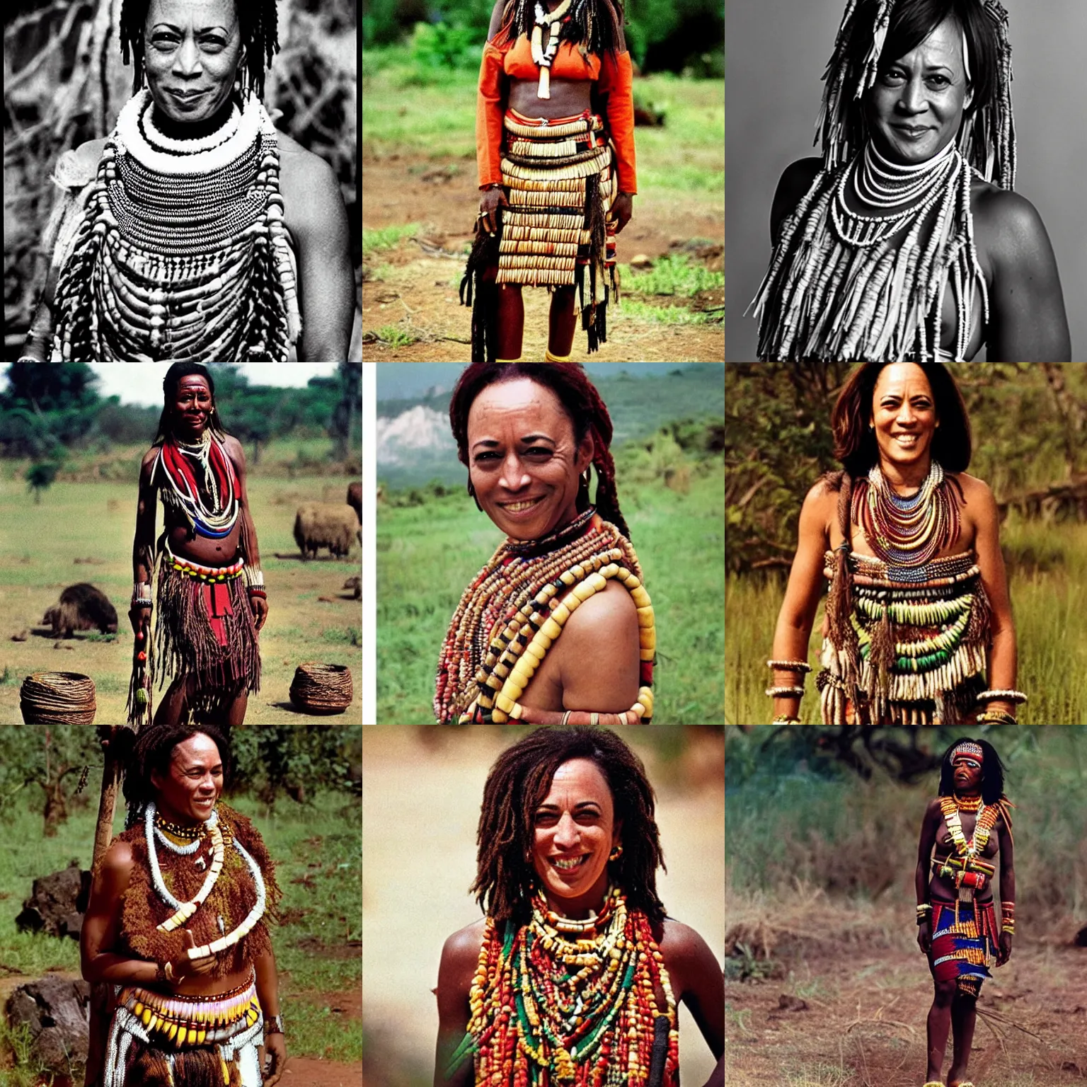 Prompt: photo of kamala harris, luo tribeswoman wearing traditional clothing, photo by national geographic ( 1 9 7 3 )