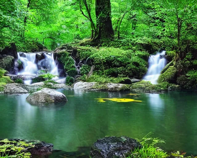 Prompt: very high quality digital art of a beautiful pond in a forest with a small waterfall in the background