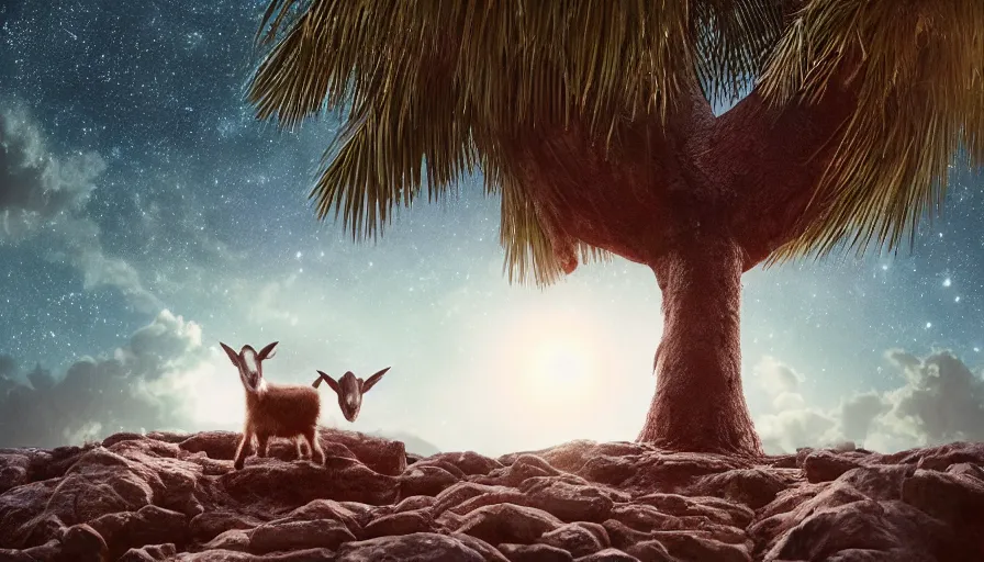 Image similar to very very small goat, sitting on a gigantic coconut tree in moonlit socotra island by ilya kuvshinov, starry night, rtx rendering, octane render 1 2 8 k, maya, extreme high intricate details by tom bagshaw, medium shot, close up shot, composition by sana takeda, lighting by greg rutkowski