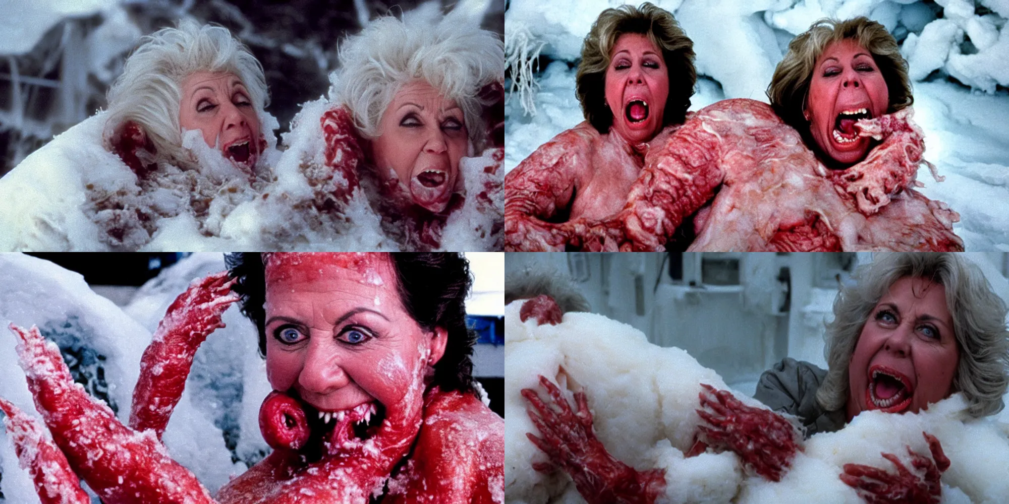 Prompt: paula deen body horror in the thing ( 1 9 8 2 ) directed by john carpenter, limb mutations, swollen veins, red flesh strings, antarctica, snow, flamethrower, cinestill 8 0 0 t, 1 9 8 0 s movie still, film grain