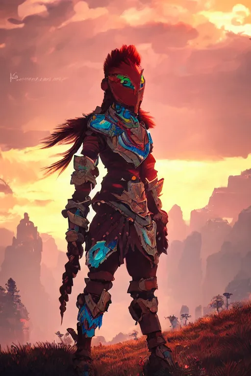 Image similar to combination suit armor aloy horizon forbidden west horizon zero dawn radiating a glowing aura global illumination ray tracing hdr fanart arstation by ian pesty and alena aenami artworks in 4 k tribal robot ninja mask helmet backpack