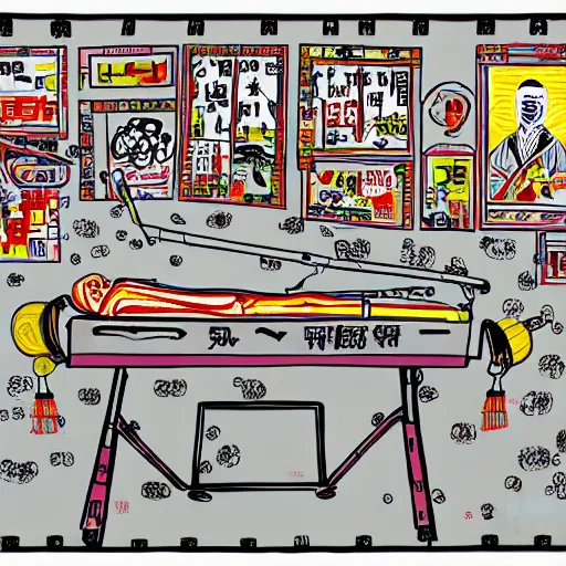 Image similar to chinese surgery operating table, in the style of daniel johnston and outsider art art brut, 8k, line brush, minimal, hard lines, overlaid with traditional chinese adverts