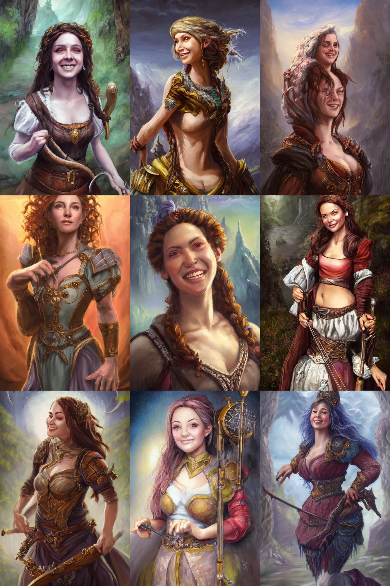 Image similar to a full body high detail fantasy portrait oil painting illustration of a single beautiful smiling bard woman by justin sweet with face and body clearly visible, in a scenic background, pretty eyes, realistic proportions, d & d, rpg, forgotten realms, artstation trending, high quality, sombre mood, artstation trending, muted colours, entire person visible!