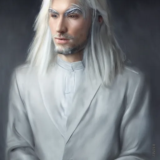 Image similar to a portrait of a young handsome prince with white hair, elegant, beautiful, backlit, incredible lighting, strong rim light, highly detailed, god rays, digital painting, HDRI, by Heise Jinyao, Heise-Lian Yan Fang, Feimo, Richard Taddei, vivid colors, high contrast, 8k resolution, intricate, photorealistic, smooth