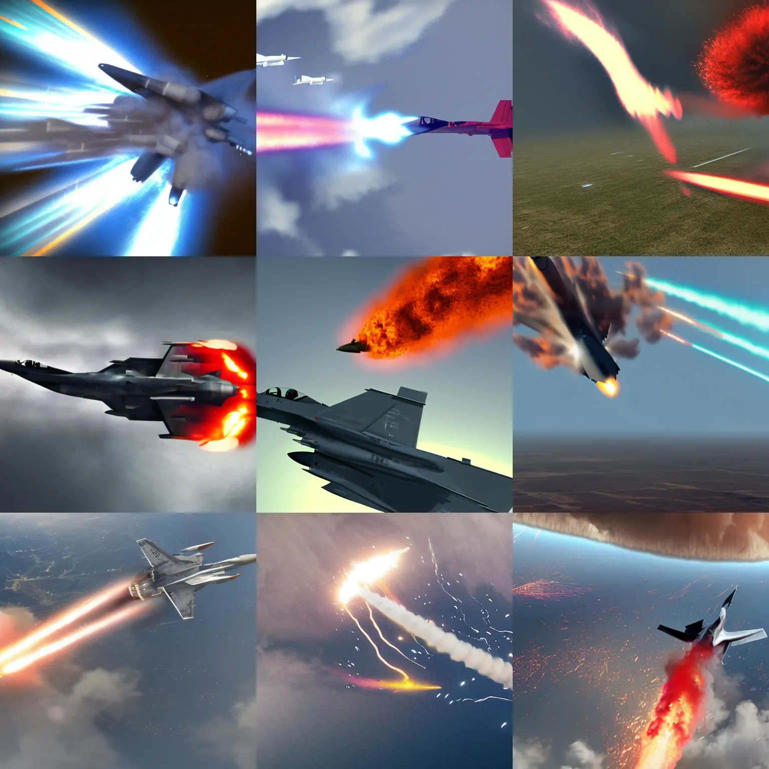Prompt: cinematic areal shot of a fighter jet exploding from the energy wave vfx