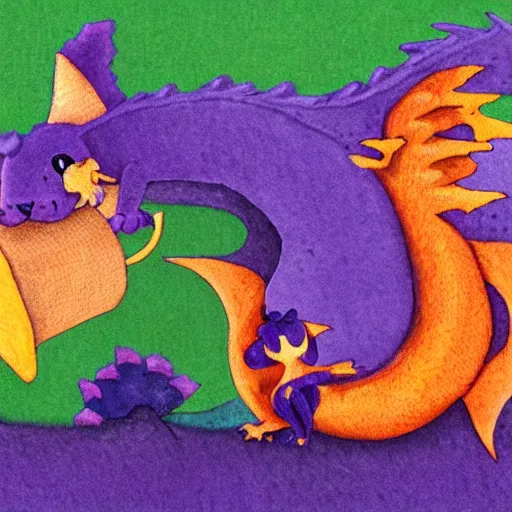 Prompt: tiny adorable purple fantasy dragon, the dragon is hugging an orange tabby cat, orange tabby cat hugging tiny purple dragon