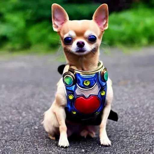 Image similar to chihuahua wearing the Infinity Gauntlet