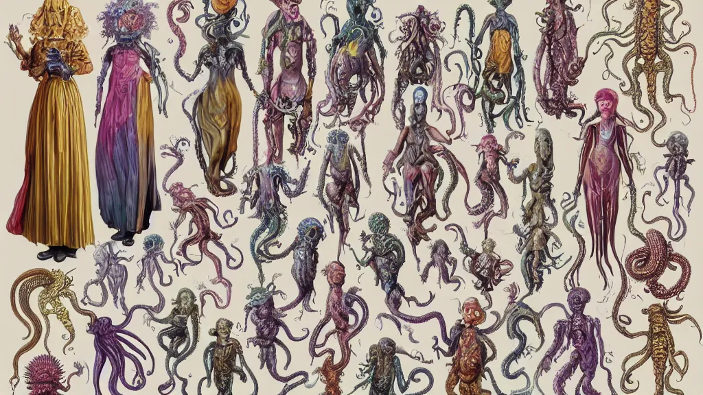 Image similar to highly detailed colorful character sheet for a stocky alien extraterrestrial victorian female servant maid with thick snake - like tentacles instead of hair, long dress with apron, ernst haeckel, jim henson creature shop, digital art, trending on artstation, hd, 8 k, good lighting, beautiful, rough paper, masterpiece