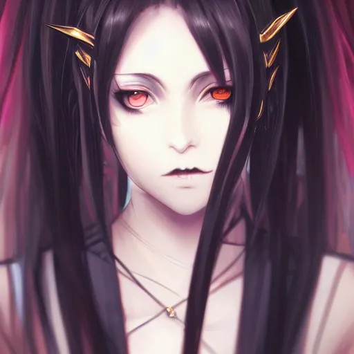 Prompt: front-facing headshot of a young gothic anime woman with black hair and golden highlights, wearing pretty makeup, drawn by WLOP, by Avetetsuya Studios, anime portrait, trending on artstation