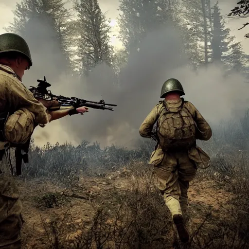 Image similar to ww 2 battlefield encounter in the woods between 2 american soldiers and a german soldier fighting for their lives, hd realistic faces, dirt and dust particles in the air, smoke and fire in the distance - c 1 3