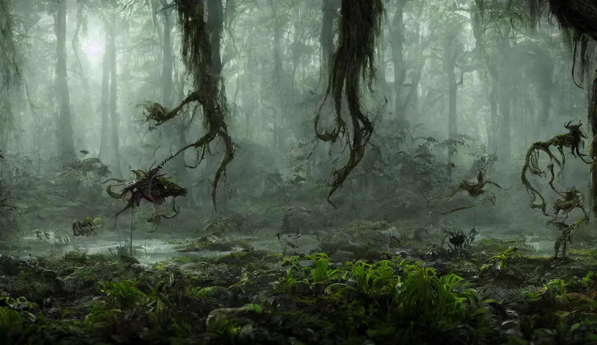 Image similar to monstrous carnivorous plants hunting insect in prehistorical forest, murky water, reflections, contrasting light, attention to detail, dark and dramatic atmosphere, volumetric fog, raytracing, back light, raymarching, by ilm, by digital domain, by weta digital