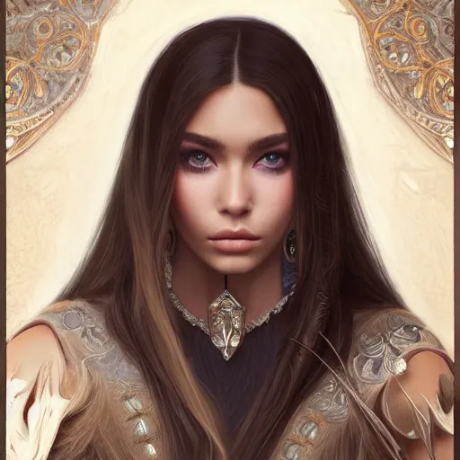 Prompt: portrait very beautiful genetic fantasy mix of madison beer bella poarch in mage cloths and long straight black hair, natural makeup tan - looking, professionally retouched, focus eyes, ultra realistic soft painting, insanely detailed linework, partial symmetrical accurate intricate details features, behance artstation, 8 k, tom bagshaw