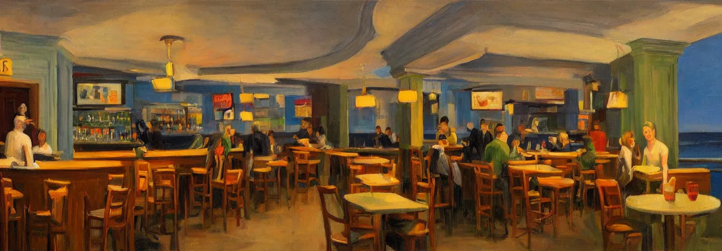 Prompt: a lively bar along the waterfront in the style of an edward hopper painting