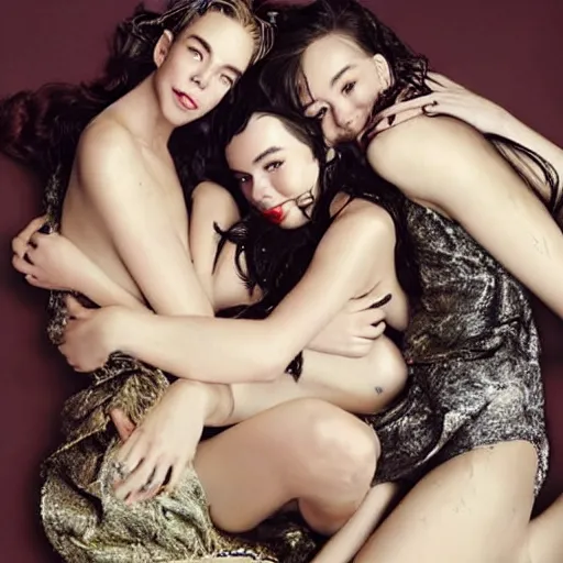 Prompt: stunning vogue magazine photo of dark - haired goddesses vanessa kirby, hailee steinfeld, and bjork smiling, legs intertwined, laying back on the bed, surrounded by adult toys, with wet faces!!, wet lips, smooth skin, perfect eyes, insanely detailed, elegant, by wlop, rutkowski, livia prima, mucha, wlop,