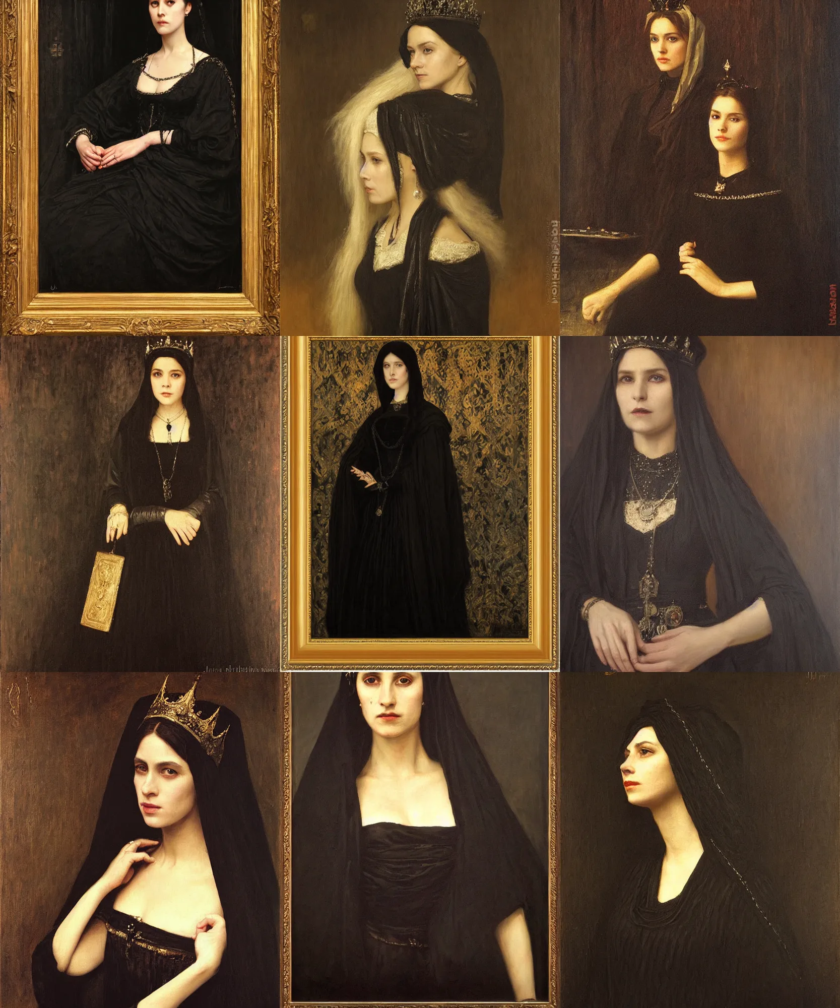 Prompt: The portrait of Lady in black wax crown by Jules Breton, dark fantasy, witcher, very detailed oil painting, masterpiece, 8k