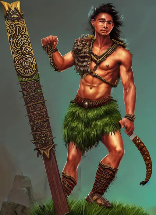 Prompt: a highly detailed illustration of fierce young aztec warrior boy wearing green jaguar mane, heroic roaring wielding aztec macuahuitl pose, muscular, intricate, elegant, highly detailed, centered, digital painting, artstation, concept art, smooth, sharp focus, league of legends concept art, wlop