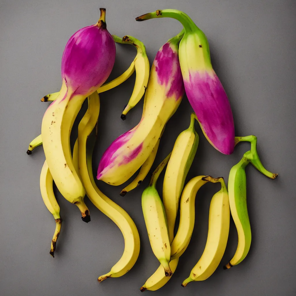 Image similar to banana in the shape of dragon fruit, hyper real, food photography, high quality